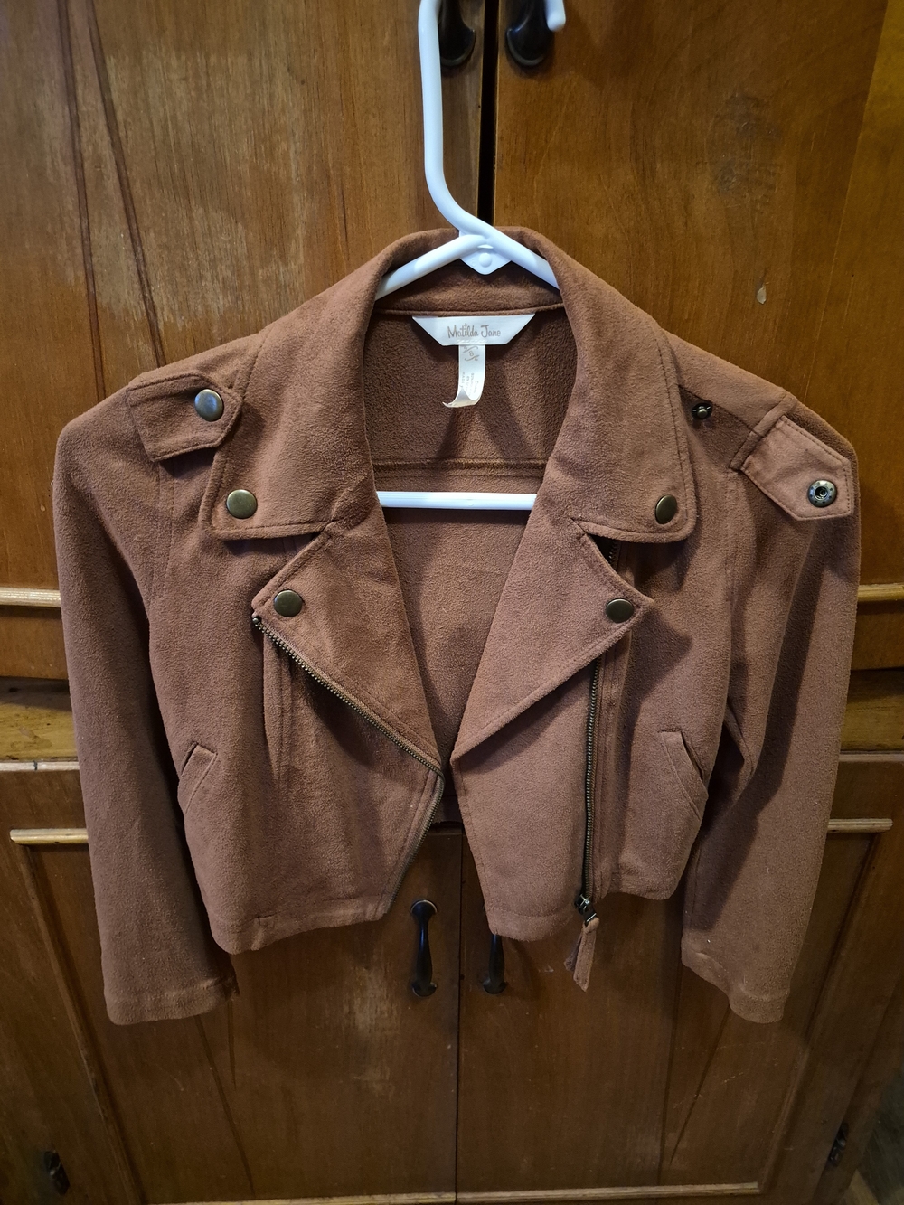 Matilda Jane Sueded Cropped Moto Jacket in Rust Brown